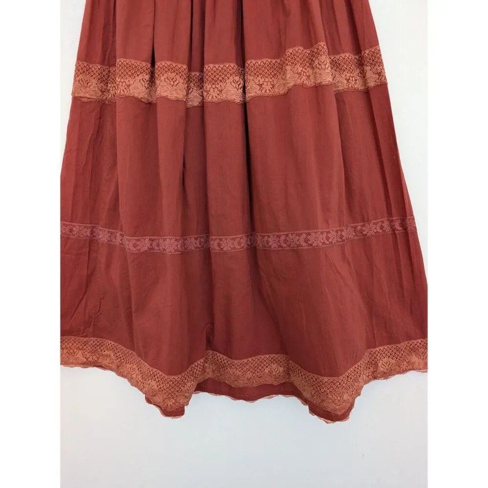Y2K Vintage Rampage Rust Boho Lace Tiered Cotton Midi Skirt Sz M Made in India